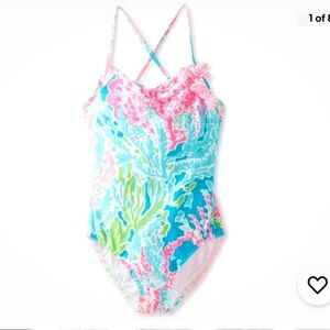 Lilly Pulitzer zinni swimsuit turquoise lets cha cha